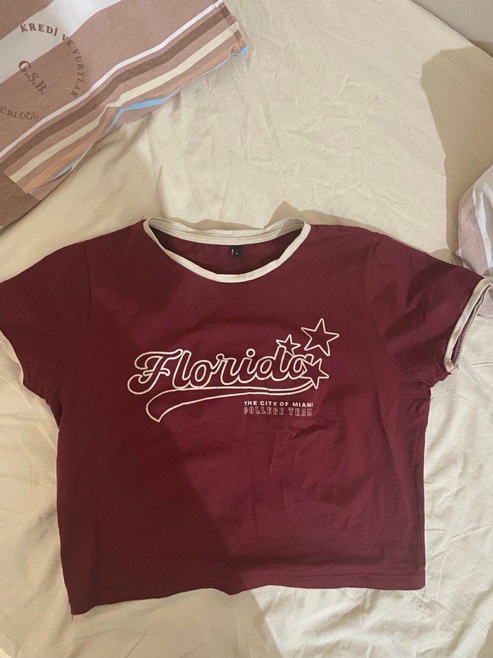 Bordo Kadın Tişört, Kısa Kollu, Baskılı - Görsel 3