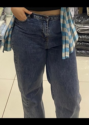 Kadın Mavi Bağlama Desenli Bol Kesim Jean