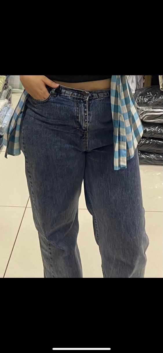 Kadın Mavi Bağlama Desenli Bol Kesim Jean - Görsel 2