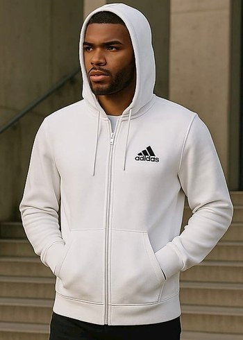 Adidas Beyaz Fermuarlı Kapüşonlu Sweatshirt
