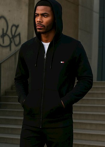 Erkek Siyah Fermuarlı Kapüşonlu Sweatshirt