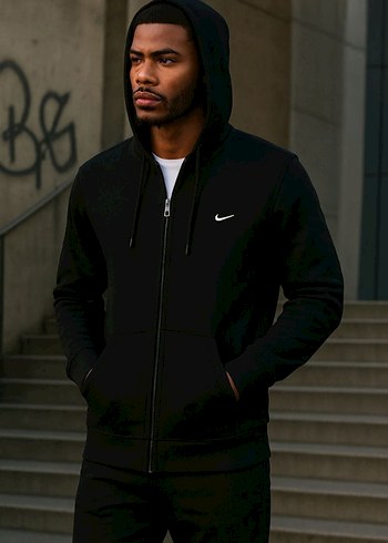 Erkek Siyah Fermuarlı Kapüşonlu Sweatshirt