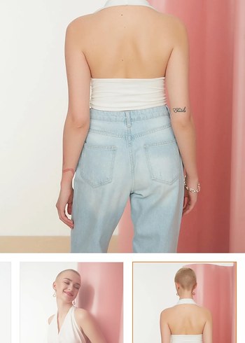 m Beden Beyaz V Yaka Kadın Mini Crop Top