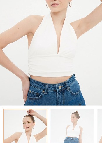 Beyaz V Yaka Kadın Mini Crop Top