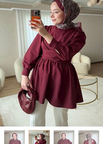 Bordo Mini Bohem Yüksek Yaka Kadın Tunik
