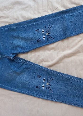 Addax Kedi İslemeli Mavi Denim Tayt