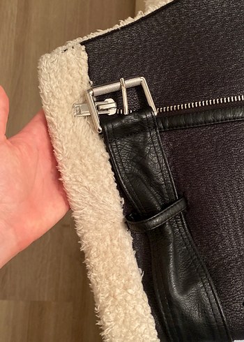 xl Beden Siyah beyaz Kürklü Deri Kadın Biker Ceket