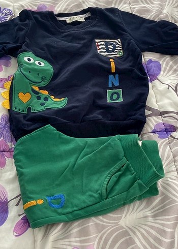 3 Yaş Beden yeşil Renk Uzun Kollu Dinozor Desenli Bebek Takımı