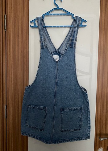 Kadın Mavi Kot Askılı Mini Tulum