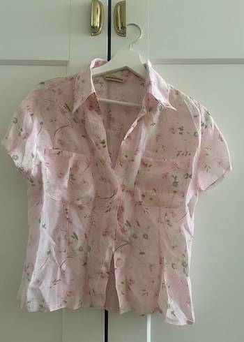 Pembe Desenli Kısa Kollu Vintage Gömlek