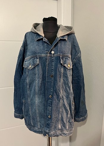 xxl Beden Gri Kapüşonlu Düğmeli Denim Ceket