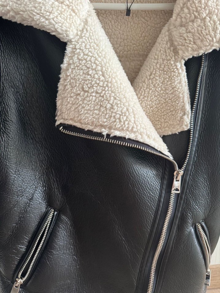 Siyah Kürklü Deri Kadın Biker Ceket - Görsel 2