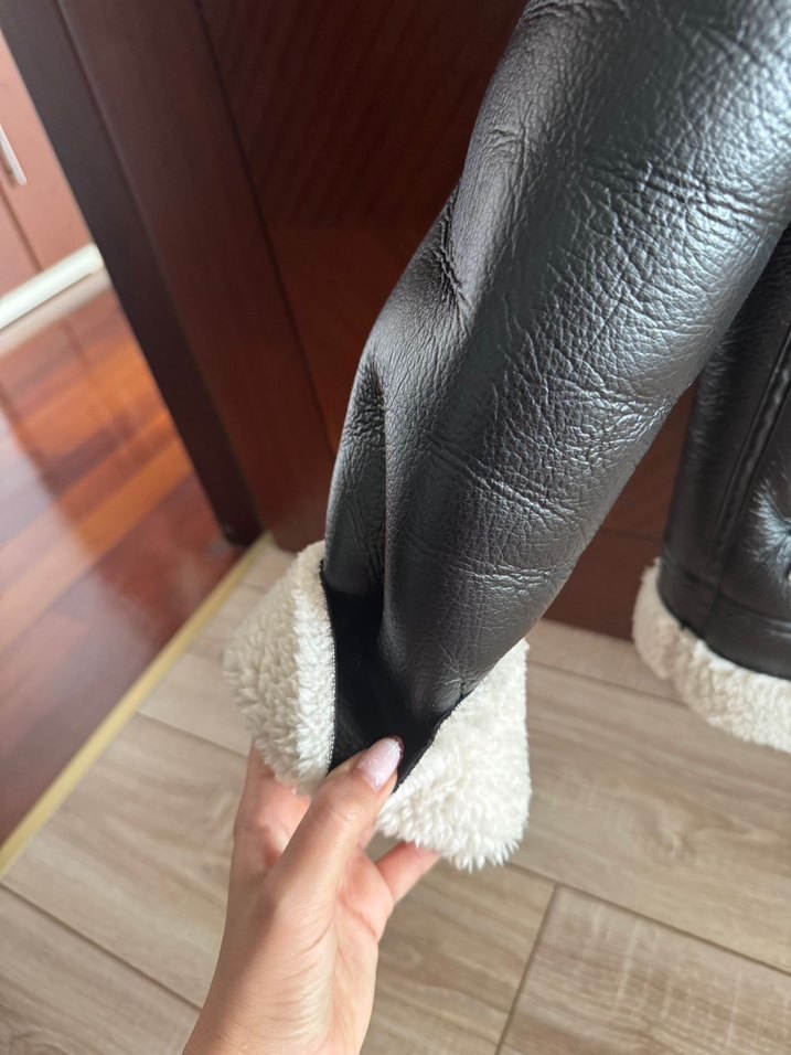 Siyah Kürklü Deri Kadın Biker Ceket - Görsel 3