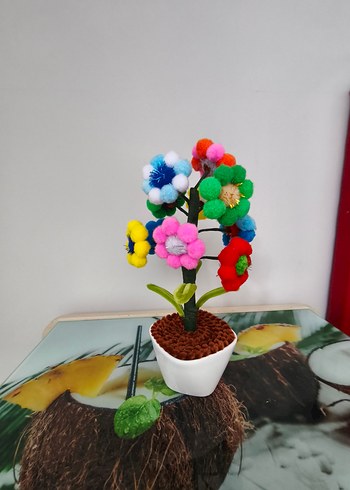 Renkli Ponpon Çiçekli Dekoratif Saksı - Görsel 2