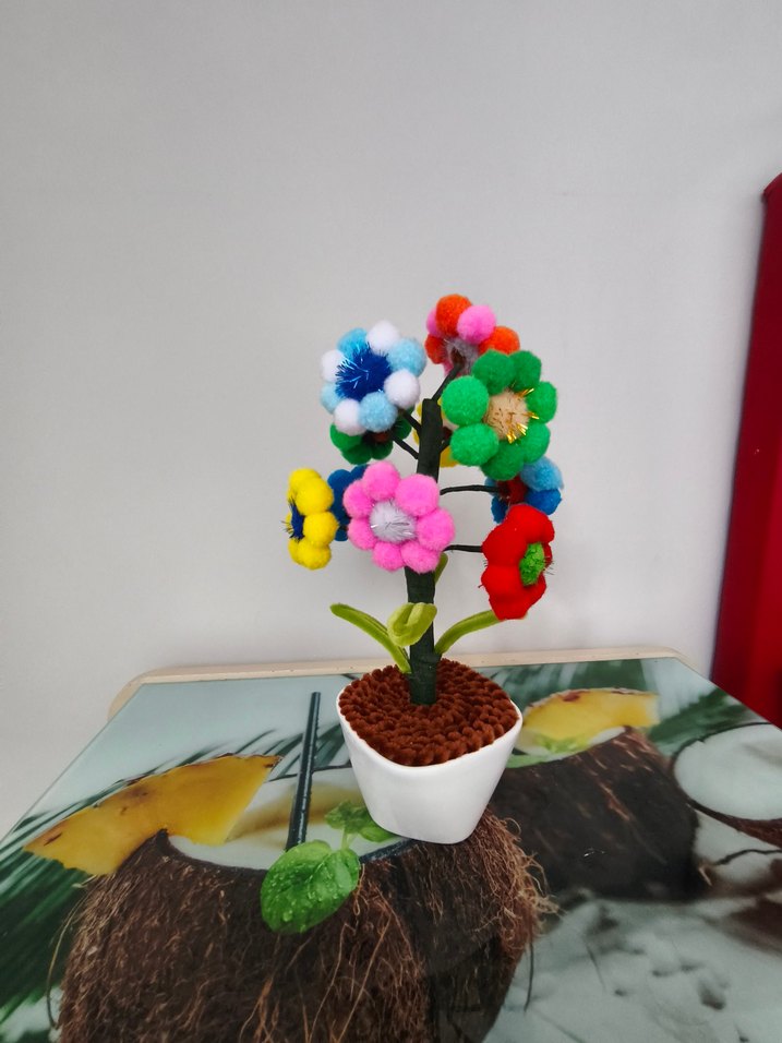 Renkli Ponpon Çiçekli Dekoratif Saksı - Görsel 2