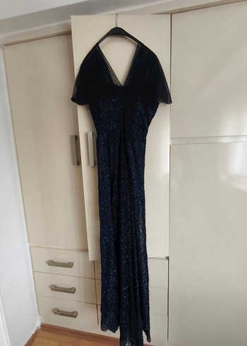 Lacivert Drapeli Uzun Abiye Elbise Dize kadar yırtmaçlı - Görsel 3