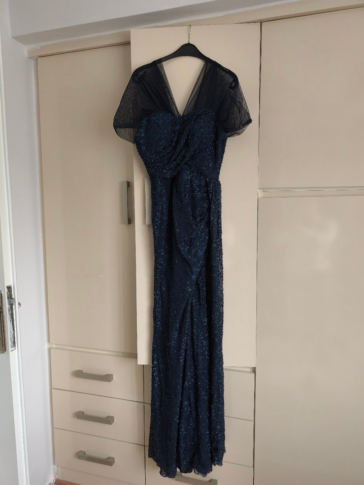 Lacivert Drapeli Uzun Abiye Elbise Dize kadar yırtmaçlı - Görsel 2