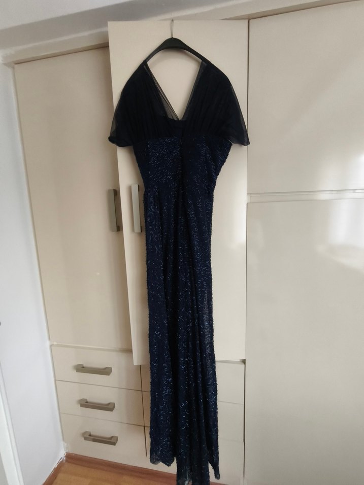 Lacivert Drapeli Uzun Abiye Elbise Dize kadar yırtmaçlı - Görsel 3