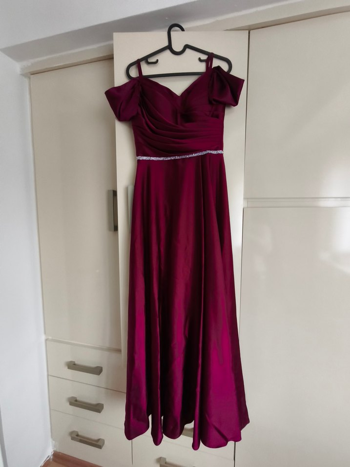 Bordo Drapeli Uzun Abiye Elbise yırtmaçlı - Görsel 2