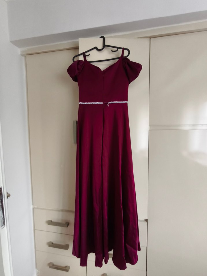 Bordo Drapeli Uzun Abiye Elbise yırtmaçlı - Görsel 3