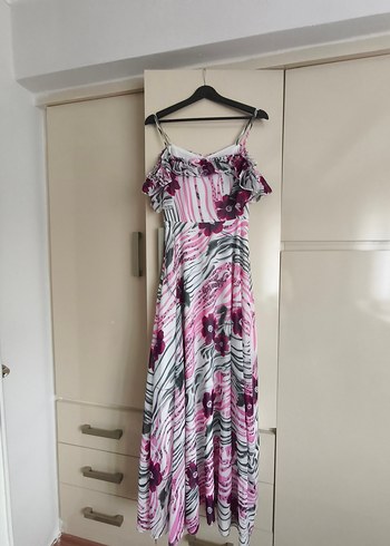 Pembe Gri Bağlama Desenli Uzun Bohem Elbise - Görsel 3