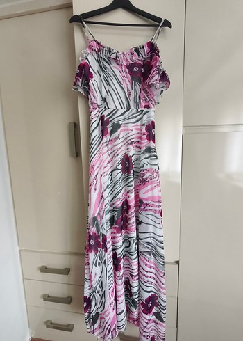 Pembe Gri Bağlama Desenli Uzun Bohem Elbise - Görsel 2