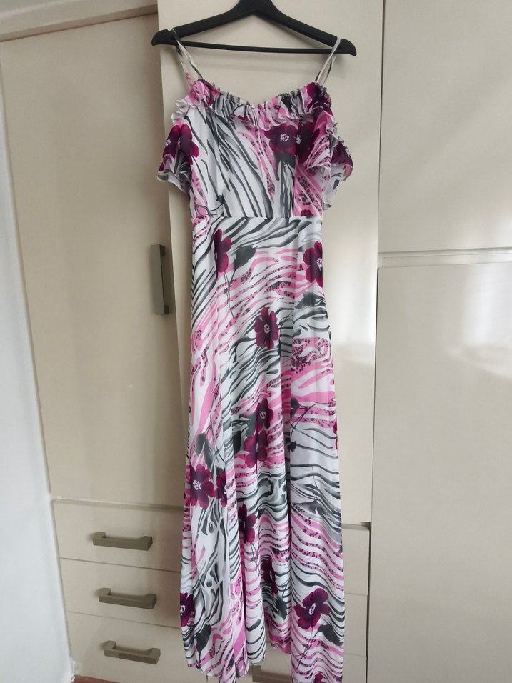 Pembe Gri Bağlama Desenli Uzun Bohem Elbise - Görsel 2