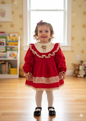 Kız Çocuk Kırmızı vintage doğum günü elbisesi - Görsel 9