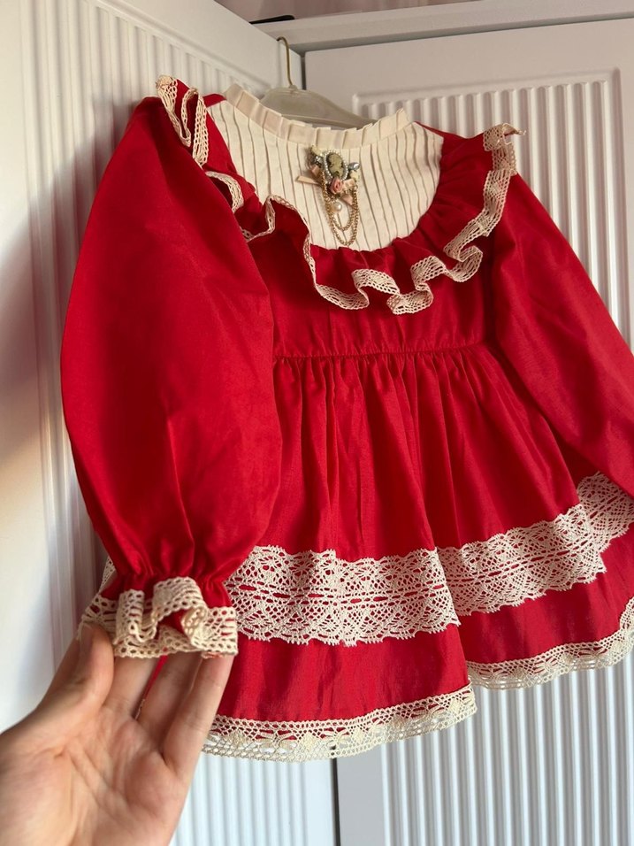 Kız Çocuk Kırmızı vintage doğum günü elbisesi - Görsel 5