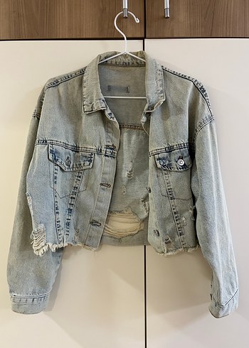 Düğmeli Gri Kadın Denim Ceket