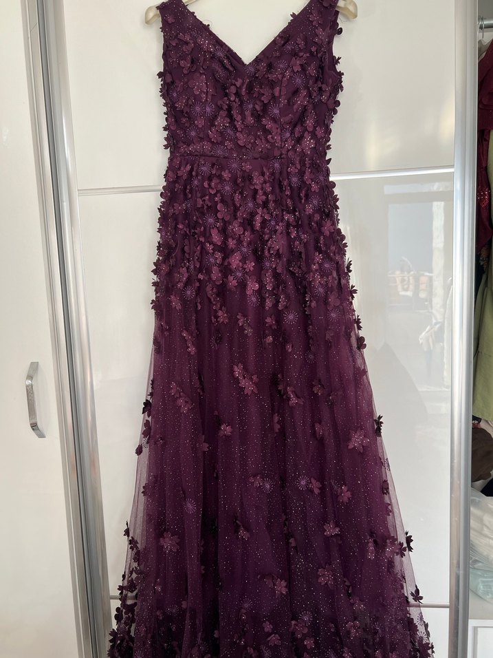 Mor Dantel Nakışlı V Yakalı Midi Elbise - Görsel 5