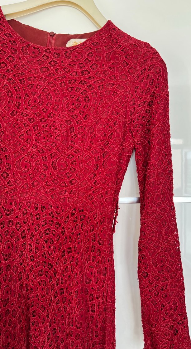 Bordo Dantel Detaylı Uzun Kollu Kadın Elbise - Görsel 3