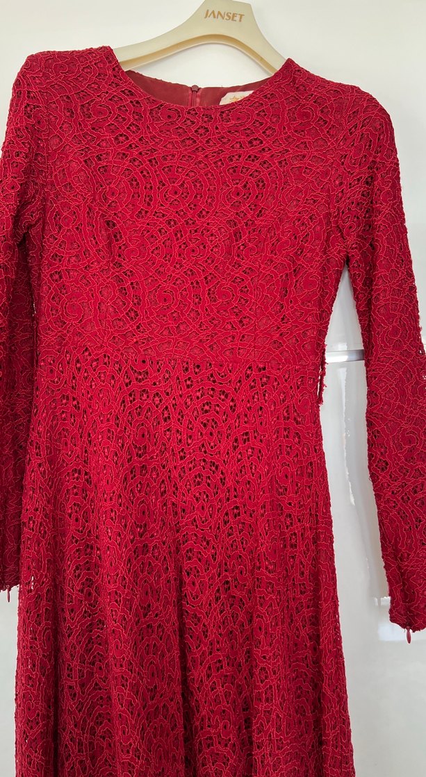 Bordo Dantel Detaylı Uzun Kollu Kadın Elbise - Görsel 2