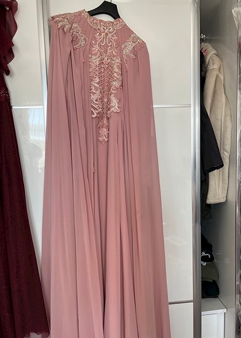 Pembe İşlemeli Uzun Drapeli Abiye Elbise - Görsel 2