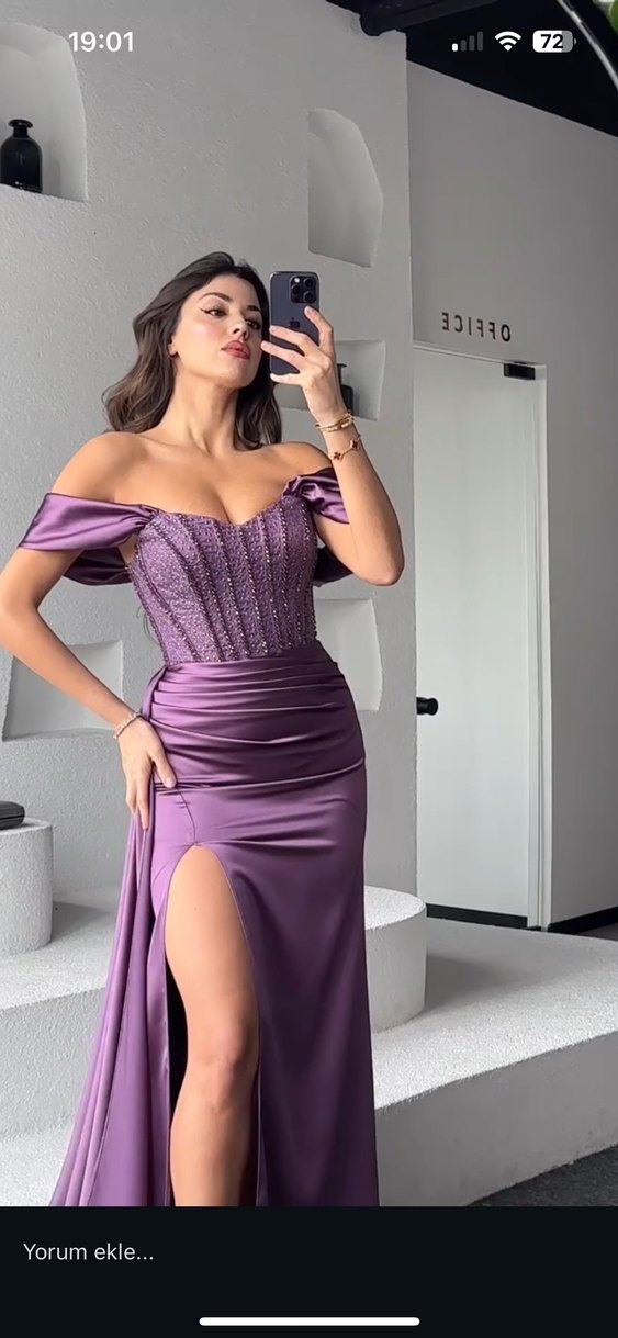 Parlak Mor Uzun Drapeli Straplez Abiye Elbise - Görsel 2