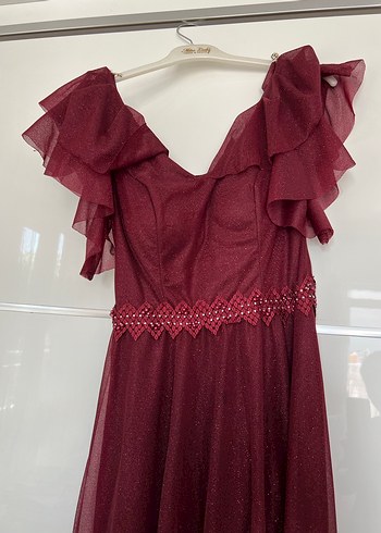 Bordo Uzun Drapeli V Yakalı Abiye Elbise - Görsel 3