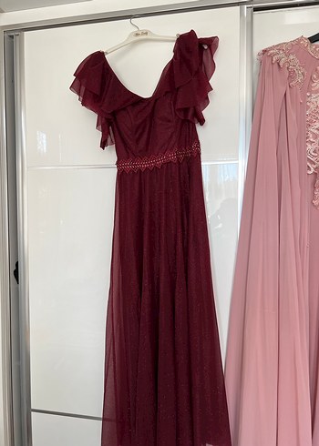 Bordo Uzun Drapeli V Yakalı Abiye Elbise - Görsel 2