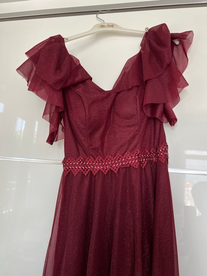 Bordo Uzun Drapeli V Yakalı Abiye Elbise - Görsel 3