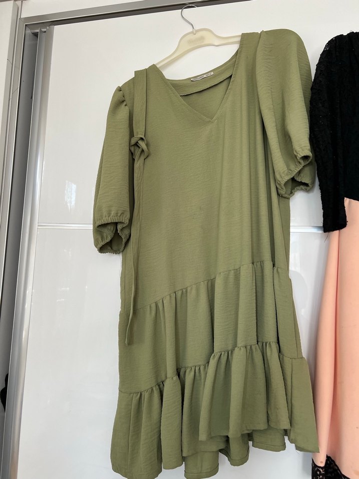 Volanlı, V Yaka, Midi Keten Elbise - Görsel 3