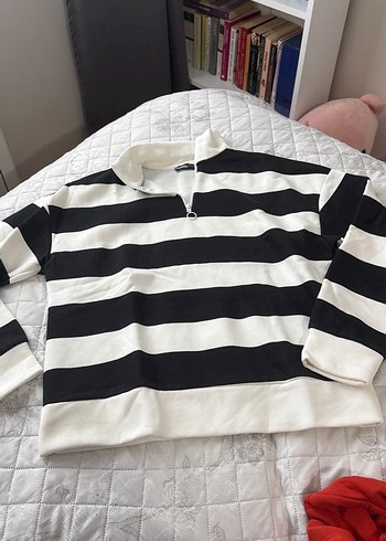 Uzun Kollu Çizgili Yarım Fermuarlı Kadın Sweatshirt içi şardonlu