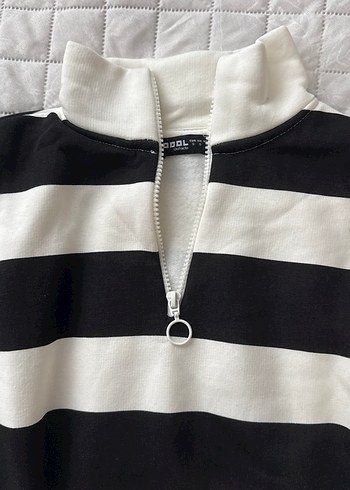 s Beden Uzun Kollu Çizgili Yarım Fermuarlı Kadın Sweatshirt içi şardonlu