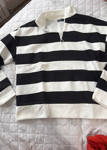 Defacto Uzun Kollu Çizgili Yarım Fermuarlı Kadın Sweatshirt içi şardonlu