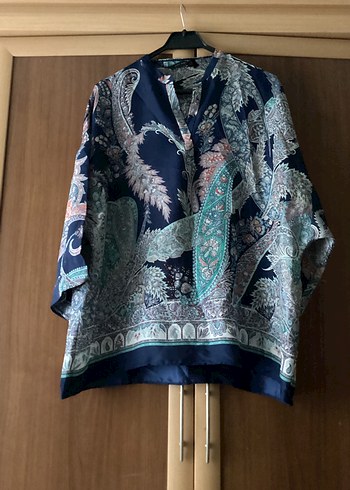 Kadın Mavi Desenli Kısa Bohem Kimono