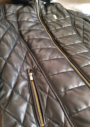 Uspa 11 12 yas koyu lacivert Kapüşonlu deri Kış Montu - Görsel 3