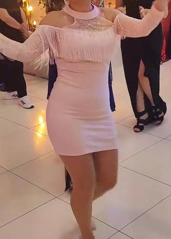 Pembe Mini Straplez Püsküllü Kadın Elbise