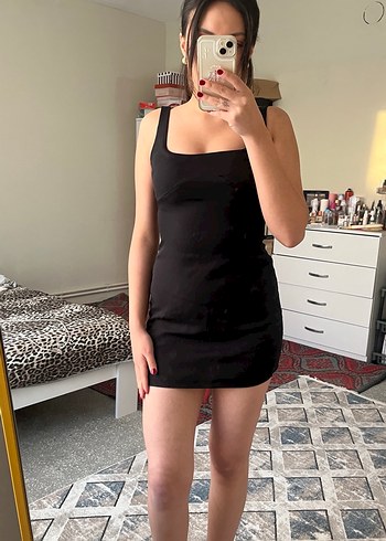 36 Beden Siyah V Yakalı Mini Strappy Elbise