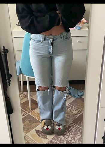 Kadın Gri Bol Kesim Midi Denim Jean