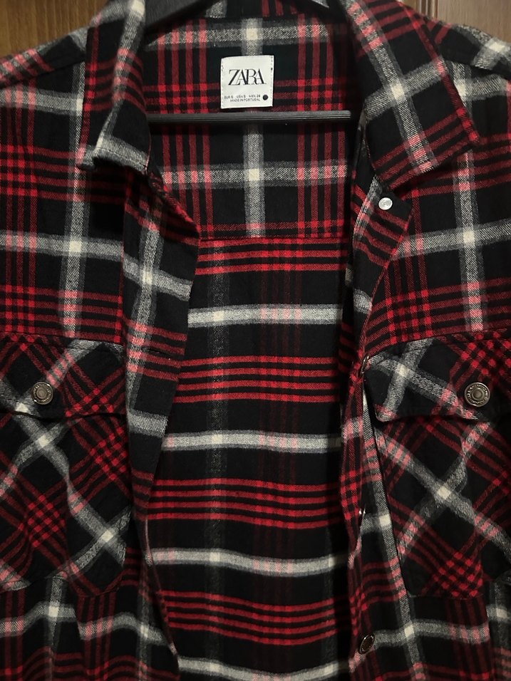 Zara Kırmızı Kareli Uzun Kollu Kadın Gömlek - Görsel 2