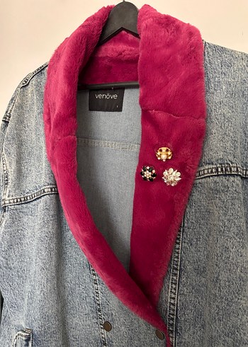 40 Beden pembe Renk Venöve Gri Denim Ceket, Pembe Kürklü Yaka