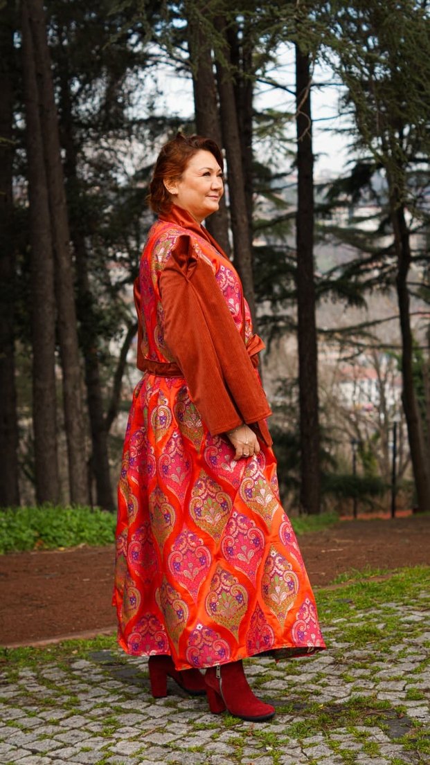 Kırmızı Jakar Kaftan Elbise - Görsel 2